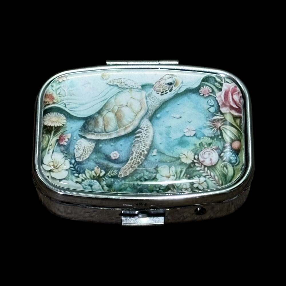 Cute Turtle Portable Rectangle Metal Pill Organizer Case